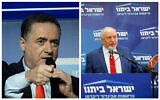 Montage photos (de gauche à droite) : Le député du Likud, Israel Katz ; le chef du parti Yisrael Beytenu, Avigdor Liberman. (Crédits : Flash90)