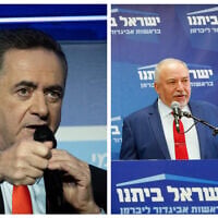 Montage photos (de gauche à droite) : Le député du Likud, Israel Katz ; le chef du parti Yisrael Beytenu, Avigdor Liberman. (Crédits : Flash90)