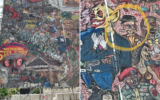 Une partie d'une peinture murale réalisée par le groupe artistique indonésien Taring Padi, exposée au festival d'art Documenta 15. À droite, un homme est représenté avec des favoris souvent associés aux juifs orthodoxes, des crocs et des yeux injectés de sang, et porte un chapeau noir avec l'insigne SS. (Capture d'écran/Twitter)