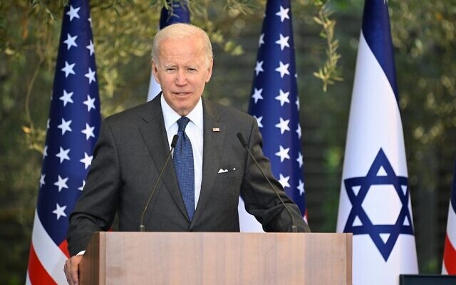 Le président américain Joe Biden, à la résidence du président à Jérusalem, le 14 juillet 2022. (Crédit : MANDEL NGAN / AFP) Le président américain Joe Biden, à la résidence du président à Jérusalem, le 14 juillet 2022. (Crédit : MANDEL NGAN / AFP)