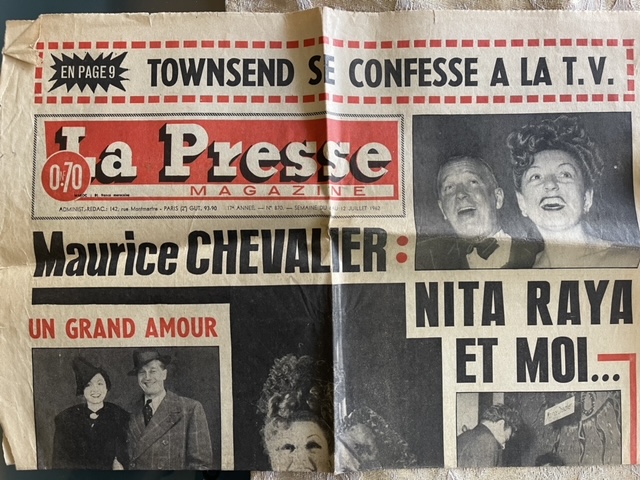 Article de presse de Nita Raya et Maurice Chevalier.
(Crédit : Collection personnelle de Grégoire Akcelrod) Article de presse de Nita Raya et Maurice Chevalier.
(Crédit : Collection personnelle de Grégoire Akcelrod)