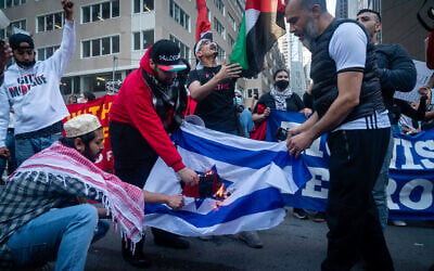 Des manifestants anti-Israël brûlant un drapeau Israël lors d'une manifestation menée par Within Our Lifetime, à Manhattan, le 14 mai 2021. (Crédit : Luke Tress)