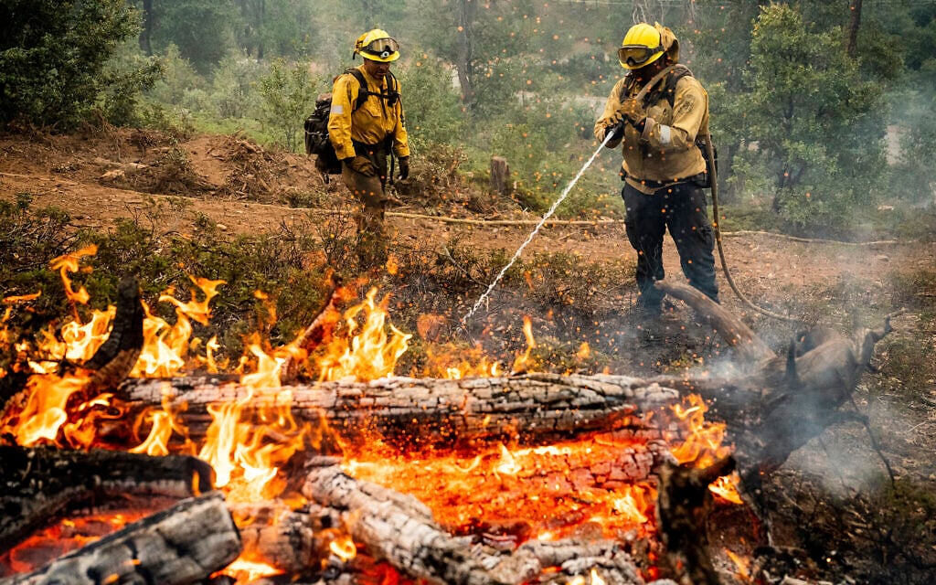 Des pompiers neutralisent des points névralgiques pour combattre l’incendie d’Oak, dans la communauté de Jerseydale du comté de Mariposa, en Californie, le 25 juillet 2022. (Crédit : AP Photo/Noah Berger)