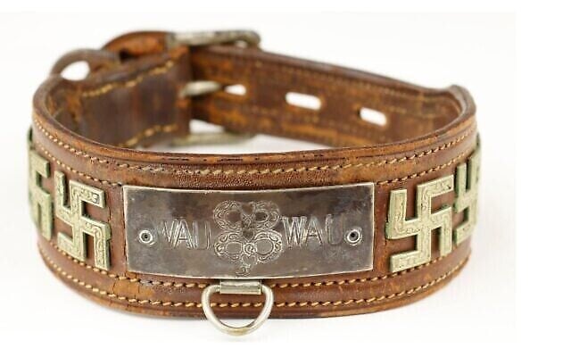 Collier de chien qui aurait appartenu au terrier écossais d’Eva Braun, la femme d’Adolf Hitler, tel qu'affiché sur le site internet d’Alexander Historical Auctions, le 28 juillet 2022. ( Crédit : Alexander Historical Auctions) Collier de chien qui aurait appartenu au terrier écossais d’Eva Braun, la femme d’Adolf Hitler, tel qu'affiché sur le site internet d’Alexander Historical Auctions, le 28 juillet 2022. ( Crédit : Alexander Historical Auctions)
