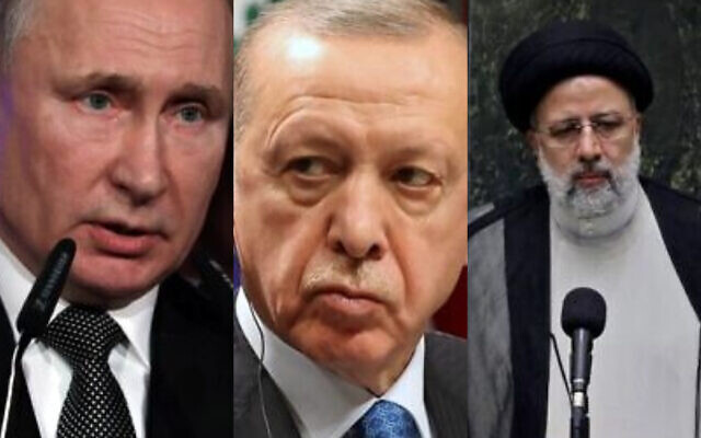 (MONTAGE) Le président russe Vladmir Poutine, le président turc Recep Tayyip Erdogan et le président iranien Ebrahim Raissi. (Crédits : Abir Sultan/Adem AltanAtta Kenare/AFP) (MONTAGE) Le président russe Vladmir Poutine, le président turc Recep Tayyip Erdogan et le président iranien Ebrahim Raissi. (Crédits : Abir Sultan/Adem AltanAtta Kenare/AFP)