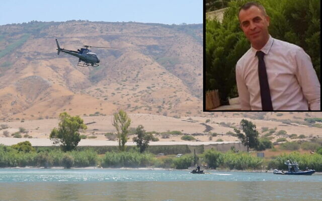 La police à la recherche de Raid Mahmeed (encart), 49 ans, porté-disparu dans le lac de Tibériade, le 30 juillet 2022. (Crédit : Autorisation) La police à la recherche de Raid Mahmeed (encart), 49 ans, porté-disparu dans le lac de Tibériade, le 30 juillet 2022. (Crédit : Autorisation)