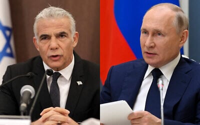 A gauche, le Premier ministre Yair Lapid dirige une réunion du cabinet au bureau du Premier ministre de Jérusalem, le 17 juillet 2022. A droite, le président russe Vladimir Poutine à Moscou, le 1er juillet 2021. (Crédit : Abir SULTAN / POOL / AFP; Alexei Nikolsky, Sputnik, Kremlin Pool Photo via AP)