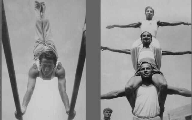 Des gymnastes s'entraînant lors des 2e Maccabiades, à Tel Aviv, en 1935. (Crédit : Zultan Kugler/KKL-JNF/Photo Archive via JTA) Des gymnastes s'entraînant lors des 2e Maccabiades, à Tel Aviv, en 1935. (Crédit : Zultan Kugler/KKL-JNF/Photo Archive via JTA)