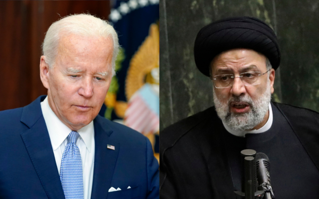 Le président américain Joe Biden, à gauche, dans la salle Roosevelt de la Maison Blanche, à Washington, le 25 juin 2022 ; le président iranien Ebrahim Raisi, à droite, lors d'une session du parlement, à Téhéran, le 25 août 2021. (Crédits : AP Photo/Pablo Martinez Monsivais, ; AP Photo/Vahid Salemi) Le président américain Joe Biden, à gauche, dans la salle Roosevelt de la Maison Blanche, à Washington, le 25 juin 2022 ; le président iranien Ebrahim Raisi, à droite, lors d'une session du parlement, à Téhéran, le 25 août 2021. (Crédits : AP Photo/Pablo Martinez Monsivais, ; AP Photo/Vahid Salemi)