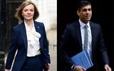 Ce montage photo créé le 12 juillet 2022 donne à voir la ministre britannique des Affaires étrangères, Liz Truss, à son arrivée pour la réunion hebdomadaire du Cabinet au 10 Downing Street, à Londres, le 19 avril 2022, et le chancelier britannique de l’époque, Rishi Sunak, quittant le 11 Downing Street, à Londres, le 23 mars 2022. (Daniel Leal et Tolga Akmen/AFP)