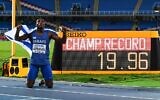 Blessing Afrifah d'Israël célèbre sa victoire dans le 200m masculin lors du Championnat du monde d'athlétisme des moins de 20 ans, à Cali, en Colombie, le 4 août 2022. (Crédit : Joaquin Sarmiento/AFP)