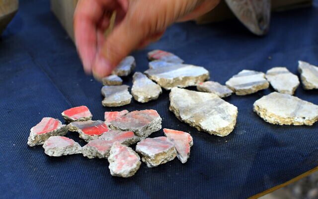 Fragments de murs du domaine décorés de fresques colorées. (Crédit : Yoli Schwartz/Autorité israélienne des Antiquités)
