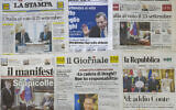 Les Unes des journaux annonçant l'effondrement du gouvernement à Rome, le 22 juillet 2022. (Crédit : Andrew Medichini/AP)