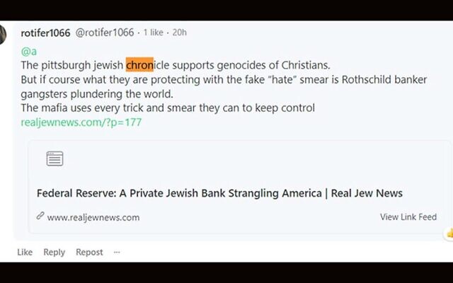 Une réponse laissée sur la page du fondateur de Gab, Andrew Torba, après qu'il a posté un lien vers un article du Pittsburgh Jewish Chronicle. (Crédit : Capture d'écran de David Rullo via JTA)