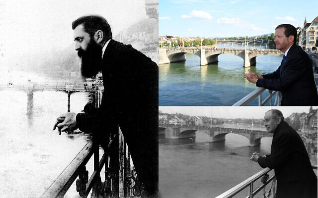 Photo-montage donnant à voir, à gauche, Theodor Herzl sur le balcon de l'hôtel Des Trois Rois, à Bâle, au mois d'août 1897, et le président Isaac Herzog, en haut à droite, sur le même balcon, le 29 août 2022, avec son père, Chaim Herzog, sixième président israélien, sur le même balcon en 1987. (Crédit : GPO) Photo-montage donnant à voir, à gauche, Theodor Herzl sur le balcon de l'hôtel Des Trois Rois, à Bâle, au mois d'août 1897, et le président Isaac Herzog, en haut à droite, sur le même balcon, le 29 août 2022, avec son père, Chaim Herzog, sixième président israélien, sur le même balcon en 1987. (Crédit : GPO)