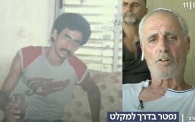 Une photo de Shlomo Atias (à gauche) est affichée à l’écran tandis que son frère, Yuval Atias, est interviewé par le radiodiffuseur public Kan, le 11 août 2022. (Capture d’écran : Twitter)