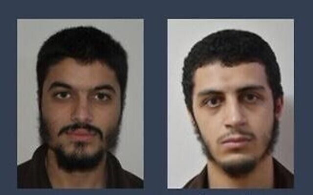 Les Arabes israéliens Muhammad Farouk Yousef Agbaria et Abd al-Mahdi Masoud Muhammad Jabarin ont été arrêtés en raison de liens présumés avec le groupe djihadiste État islamique, le 15 août 2022. (Crédit : Shin Bet) Les Arabes israéliens Muhammad Farouk Yousef Agbaria et Abd al-Mahdi Masoud Muhammad Jabarin ont été arrêtés en raison de liens présumés avec le groupe djihadiste État islamique, le 15 août 2022. (Crédit : Shin Bet)