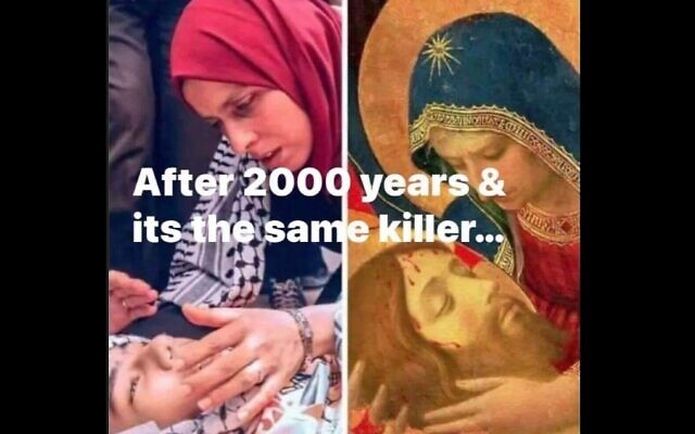 Une image partagée par l'ancien directeur d'Al Jazeera déclarant que "le même tueur" est responsable de la mort de Jésus et des Palestiniens. (Crédit : Capture d'écran) Une image partagée par l'ancien directeur d'Al Jazeera déclarant que "le même tueur" est responsable de la mort de Jésus et des Palestiniens. (Crédit : Capture d'écran)