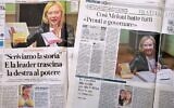 Des pages de journaux italiens avec des photos de la dirigeante du parti d'extrême-droite italien Fratelli d'Italia Giorgia Meloni, au lendemain de la victoire de son parti aux élections générales, à Rome le 26 septembre 2022. (Crédit : Vincenzo Pinto/AFP)