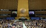 Le Secrétaire général des Nations Unies, Antonio Guterres, s'adresse à la 77e session de l'Assemblée générale au siège de l'ONU à New York, le 20 septembre 2022. (Crédit : Anna Moneymaker / GETTY IMAGES NORTH AMERICA / Getty Images via AFP)