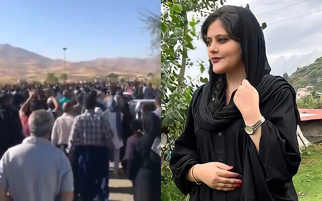 Des manifestants dans la ville iranienne de Saqez après les obsèques de Mahsa Amini (à droite), décédée suite à son arrestation par la police des mœurs, le 17 septembre 2022. (Capture d'écran : : Twitter; autorisation) Des manifestants dans la ville iranienne de Saqez après les obsèques de Mahsa Amini (à droite), décédée suite à son arrestation par la police des mœurs, le 17 septembre 2022. (Capture d'écran : : Twitter; autorisation)