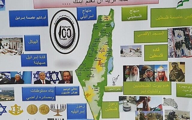 À gauche, un homme orthodoxe montrant un modèle de construction du Temple à son enfant, à droite, une vue aérienne d'Al-Aqsa ; à gauche, les dirigeants sionistes, de Théodore Herzl à Bejamin Netanyahu, à droite, les dirigeants arabes, de Salah ad-Din à Yasser Arafat. (Crédit : Facebook)