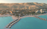 Le complexe touristique agrandi en cours de construction à la mer Morte, septembre 2022 (Crédit : Moshe Safdie Architects)