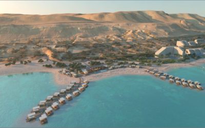 Le complexe touristique agrandi en cours de construction à la mer Morte, septembre 2022 (Crédit : Moshe Safdie Architects)