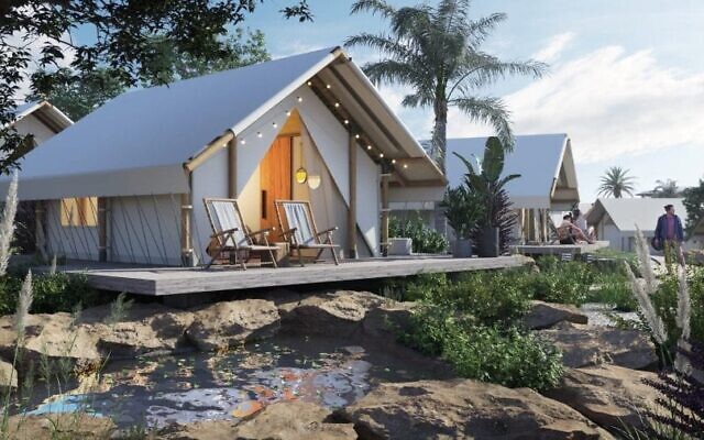 Visuel 3D d'une tente de glamping dans le cadre du nouveau développement de l'hôtel Dan à Eilat. (Crédit : Groupe Dan Hotel) Visuel 3D d'une tente de glamping dans le cadre du nouveau développement de l'hôtel Dan à Eilat. (Crédit : Groupe Dan Hotel)