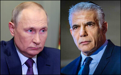 A gauche : le président russe Vladimir Poutine pendant une rencontre à St. Petersburg, en Russie, le 9 octobre 2022. (Crédit : Gavriil Grigorov, Sputnik, Kremlin Pool Photo via AP); A droite : Le premier ministre Yair Lapid lors d'une cérémonie de commémoration d'État des soldats tombés au combat à Jérusalem, le 6 octobre 2022. (Crédit : Olivier Fitoussi/Flash90)