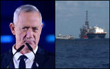A gauche : le ministre de la Défense Benny Gantz lors d'un événement lançant la campagne électorale du parti HaMahane HaMamlahti à Tel Aviv, le 6 septembre 2022. A droite : Une corvette israélienne de type Saar Class 5 monte la garde autour du champ de gaz de Karish, une image publiée par les militaires, le 2 juillet 2022. (Crédit : Armée israélienne)
