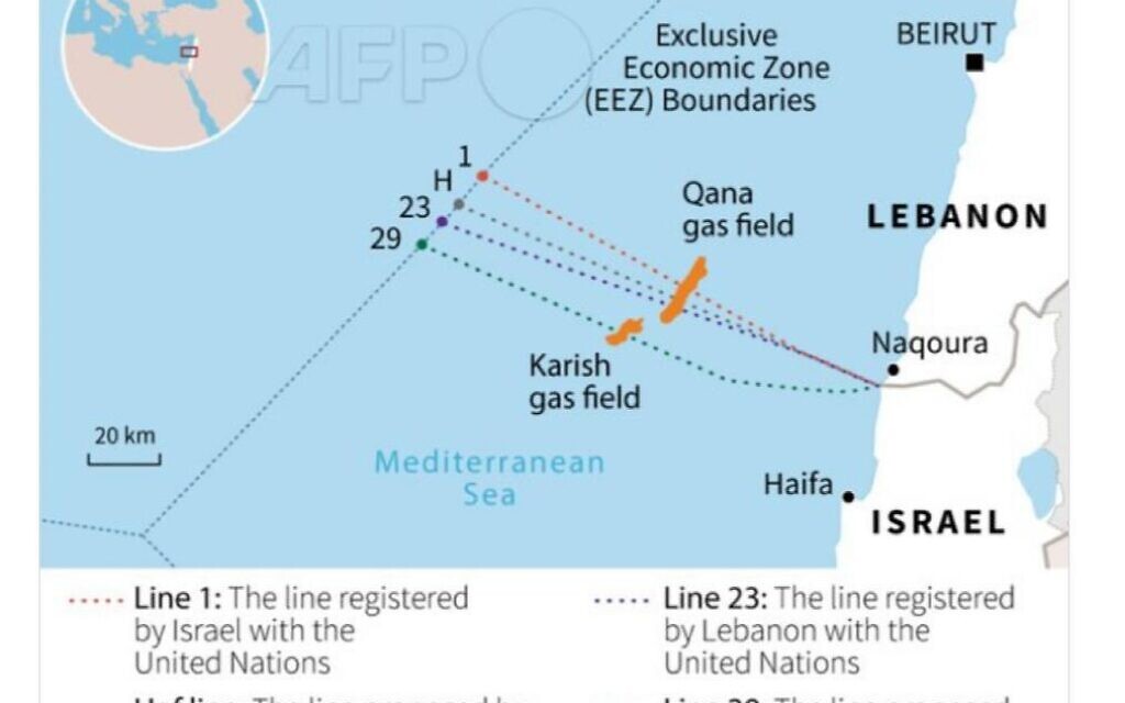 Carte illustrant les revendications relatives à la frontière maritime entre Israël et le Liban. (Crédit : AFP) Carte illustrant les revendications relatives à la frontière maritime entre Israël et le Liban. (Crédit : AFP)