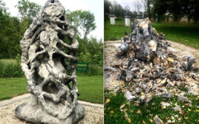 L’œuvre du sculpteur Herzi avant et après sa destruction à Marcq-en-Baroeul. (Crédit : Herzi)