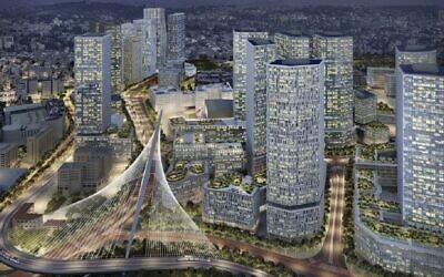 Un rendu d'artiste du projet Jerusalem Gateway visant à construire de nouveaux quartiers résidentiels et commerciaux à l'entrée ouest de la ville. (Crédit : Eden, la société de développement économique de la municipalité de Jérusalem/Autorité foncière israélienne)