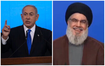 Montage de photos d'archives : Le leadre du Likud, Benjamin Netanyahu, à gauche, s'adressant à ses partisans après la publication des résultats des sondages de sortie des urnes à Jérusalem, le 2 novembre 2022. Le chef du Hezbollah, Hassan Nasrallah, prononçant un discours sur la chaîne de télévision officielle du parti, al-Manar, le 8 juin 2021. (Crédit : Oren Ziv/AP ; Al-Manar)