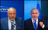 Illustration : Le ministre sortant des Finances et chef de Yisrael Beytenu, Avigdor Liberman, à gauche, lors d'une réunion de faction à la Knesset, le 15 novembre 2022 ; Benjamin Netanyahu le soir de sa victoire électorale au siège du Likud, à Jérusalem, le 2 novembre 2022. (Crédit :  Olivier Fitoussi/Flash90)