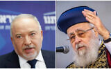 Montage de photos d'archives : Le ministre des Finances, Avigdor Liberman, à la Knesset, le 16 mai 2022 et le Grand Rabbin séfarade d'Israël, Yitzhak Yosef, à Jérusalem, le 22 septembre 2022. (Crédit : Olivier Fitoussi/Flash90)
