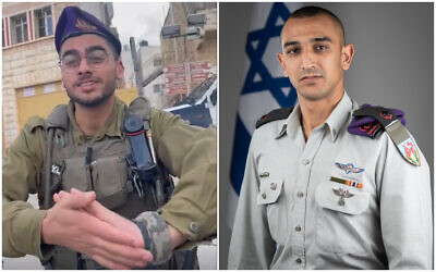 Un soldat de Givati (à gauche) est vu en train de confronter un activiste dans la ville d'Hébron, en Cisjordanie, le 25 novembre 2022, et le maj Aviran Alfasi (à droite), alors commandant du bataillon Tzabar, en avril 2019. (Crédit : Capture d'écran/Breaking the Silence ; armée israélienne)