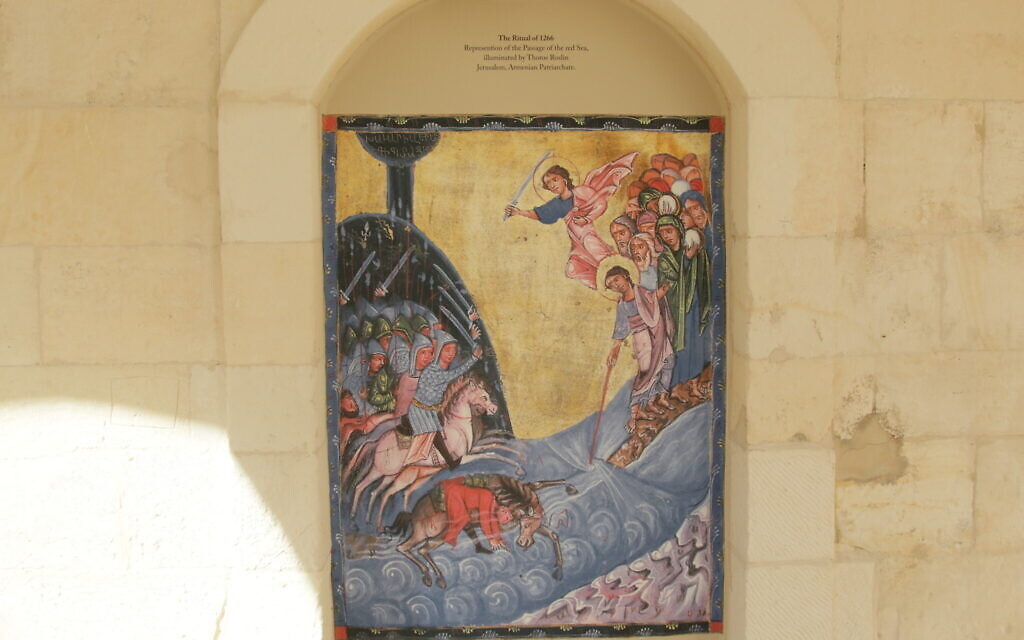Une magnifique illustration d'un manuscrit du XIIIe siècle réalisée par l'artiste arménien Thorus Roslin au musée arménien Edward et Helen Mardigian de Jérusalem. (Crédit : Shmuel Bar-Am)
