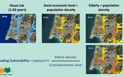 À titre d'exemple, la carte des risques climatiques du ministère de l'Environnement pour la ville côtière d'Akko, au nord du pays. (Crédit : Ministère de l'Environnement) À titre d'exemple, la carte des risques climatiques du ministère de l'Environnement pour la ville côtière d'Akko, au nord du pays. (Crédit : Ministère de l'Environnement)