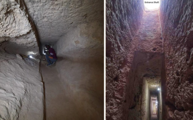 Ce montage photo montre le tunnel découvert sous l’ancien temple égyptien Taposiris Magna, près d’Alexandrie, en novembre 2022 (Crédit : Ministère égyptien du Tourisme et des Antiquités) Ce montage photo montre le tunnel découvert sous l’ancien temple égyptien Taposiris Magna, près d’Alexandrie, en novembre 2022 (Crédit : Ministère égyptien du Tourisme et des Antiquités)