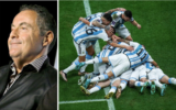 Le journaliste sportif argentin et commentateur de football de Telemundo, Andres Cantor, souriant lors d'une interview à New York, le 16 mai 2018 (Autorisation). Les joueurs de l'Argentine célébrant après que leur coéquipier Lionel Messi a marqué le premier but de son équipe lors du match de la finale de la Coupe du monde de football entre l'Argentine et la France au stade Lusail, à Lusail, au Qatar, le 18 décembre 2022. (Crédit : AP Photos/ Bebeto Matthews et Francisco Seco)