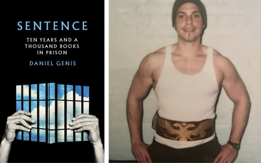 "Sentence : Dix ans et mille livres en prison", par Daniel Genis, photographié à droite en tenue d'haltérophile, sur une photo non datée prise pendant son séjour en prison. (Autorisation)