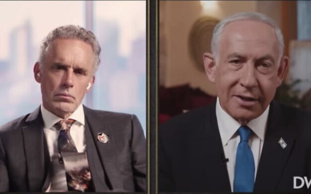 Jordan Peterson interviewant le Premier ministre désigné, Benjamin Netanyahu, le 5 décembre 2022. (Crédit : YouTube) 