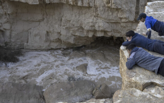 Des Israéliens observant une crue soudaine  à la suite de fortes pluies dans le désert du Néguev, le 26 décembre 2022. (Crédit : Menahem Kahana/AFP)