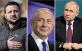 Le président ukrainien Volodymyr Zelensky, le Premier ministre Benjamin Netanyahu et le président russe Vladimir Poutine. (Crédit : Montage photos AP)