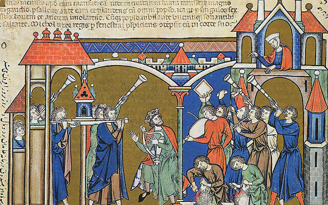Illustration de la bible de Maciejowski, au 13e siècle, montrant David amenant l'arche à Jérusalem. (Crédit : Domaine public)