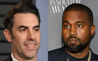 Le comédien juif Sacha Baron Cohen, à gauche, arrive à une soirée de Vanity Fair à  Beverly Hills, en Californie, le 4 mars 2018 ; Kanye West, à droite, arrive à la remise des prix des  WSJ. Magazine Innovator Awards à New York, le 6 novembre 2019. (Crédit :  Evan Agostini/Invision/AP)