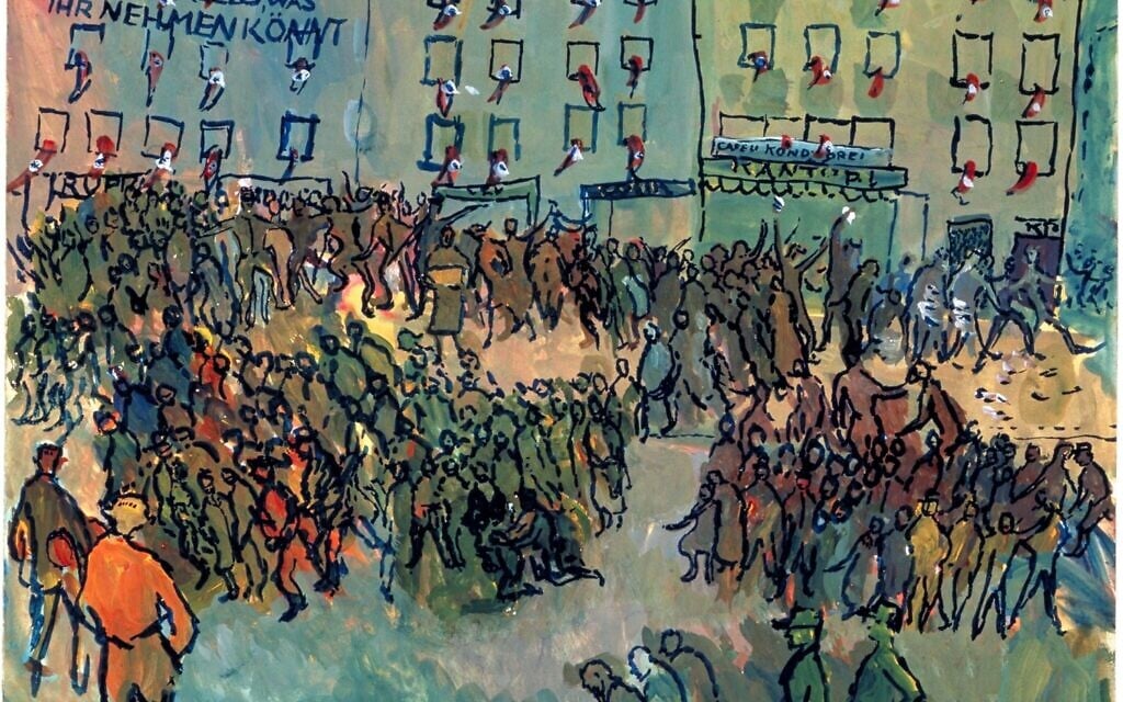 Une œuvre à la gouache de Charlotte Salomon, tirée de son œuvre principale, "Life ? or Theater ? ". Elle représente la Nuit de cristal, une série d'attaques coordonnées contre les Juifs dans toute l'Allemagne nazie et certaines parties de l'Autriche, les 9 et 10 novembre 1938 (Crédit : Charlotte Salomon/Domaine public via Wikimedia Commons)
