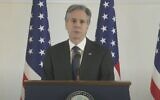 Le secrétaire d'État américain Antony Blinken s'exprime lors d'une conférence de presse à Jérusalem, le 31 janvier 2023. (Crédit : Capture d'écran Twitter ; ssé conformément à la clause 27a de la loi sur le droit d'auteur)